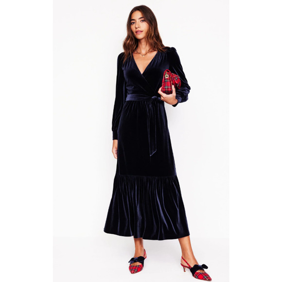 Boden Ophelia Velvet Midi Wrap Dress Women's 4P Navy Blue Timeless Classic NEW - Picture 1 of 12